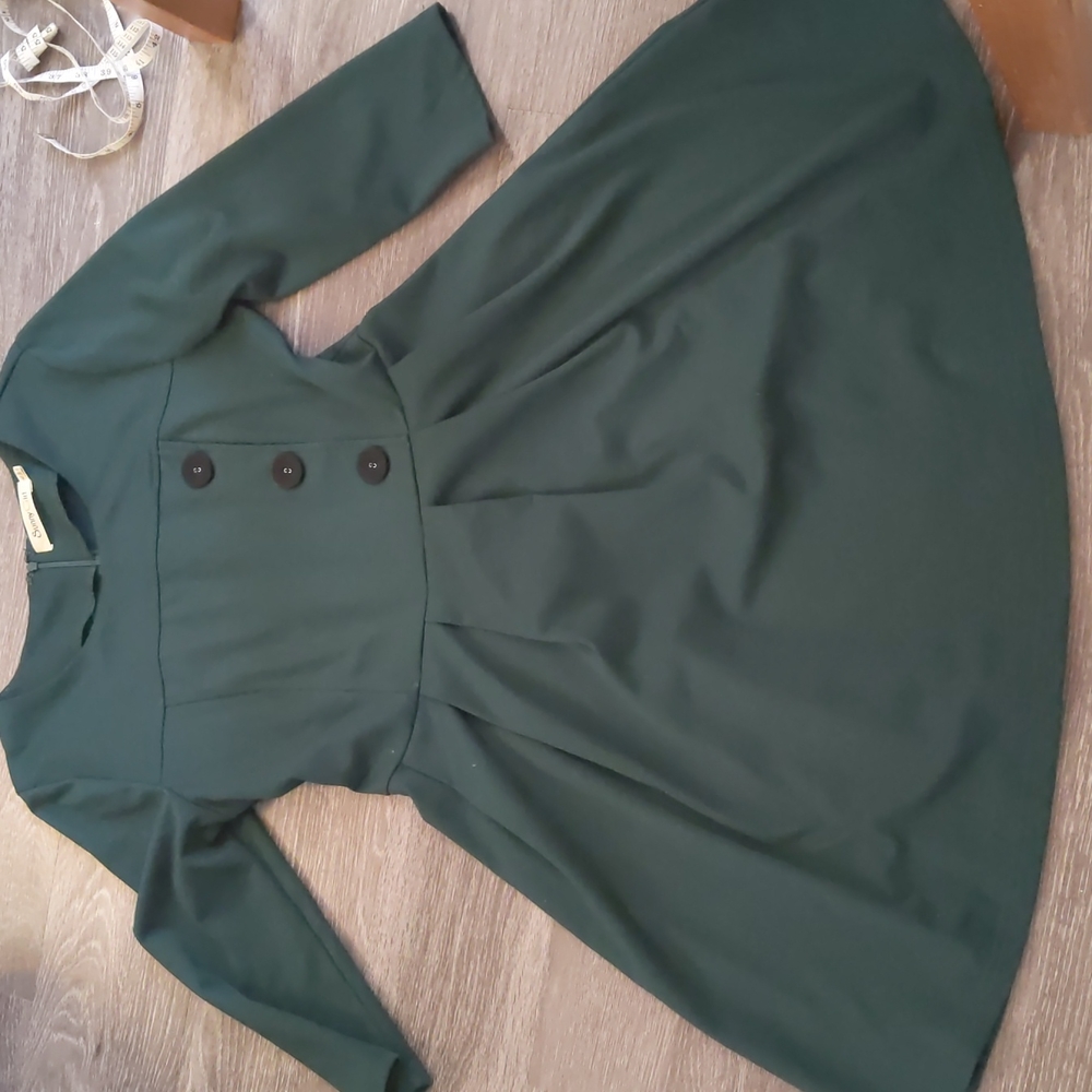 Modcloth Sunny Girl Forest Green Button Front 3/4 Sleeve Cotton Dress